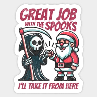 Grim Reaper Fist Bump with Santa Claus. From Halloween to Christmas Tis The Season Holiday Sticker